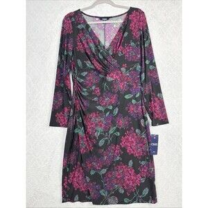 Chaps Ralph Lauren Jersey Dress L Dark Floral Faux Wrap Stretch Career Feminine